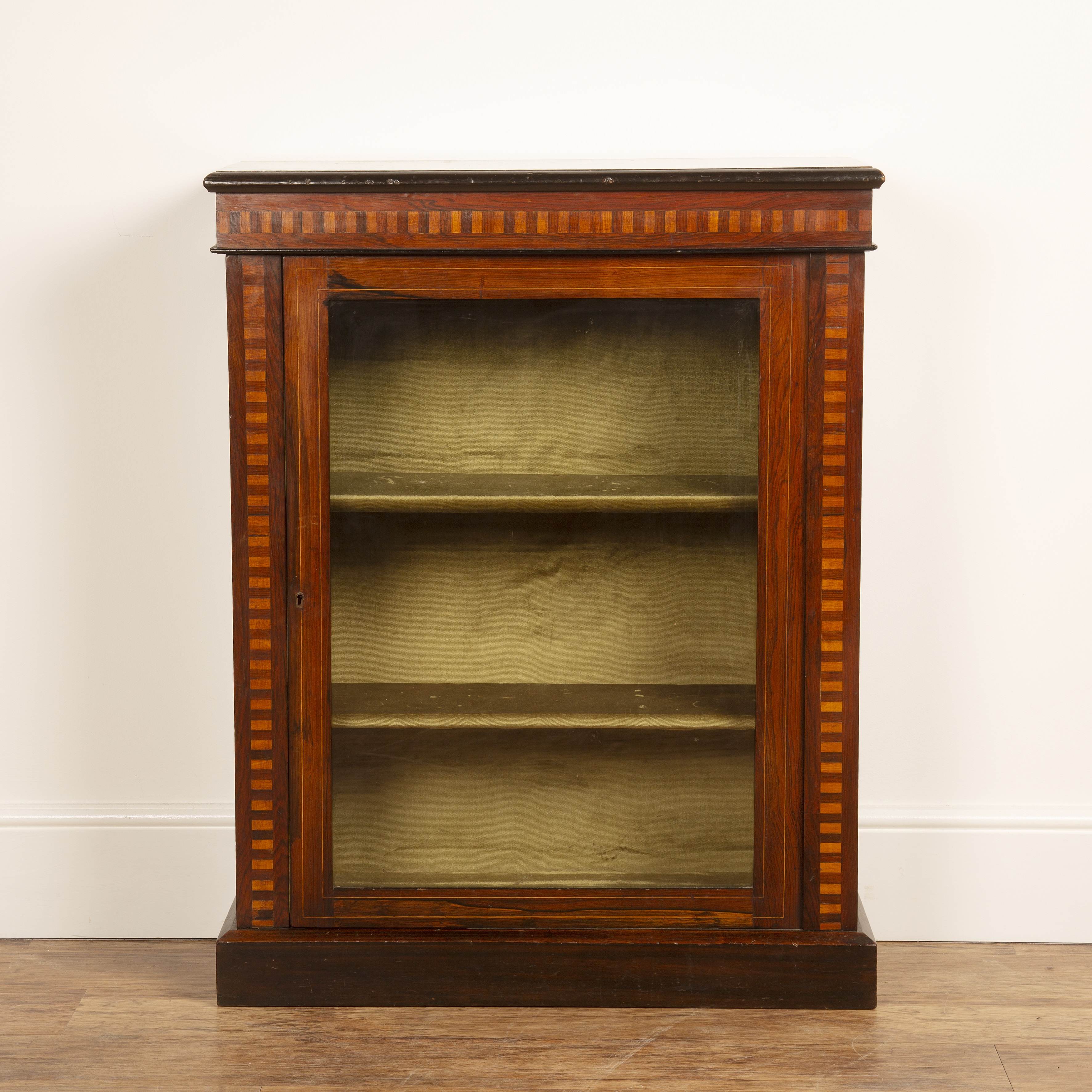 Appraisal: Rosewood and parquetry side cabinetwith glazed panel door on a