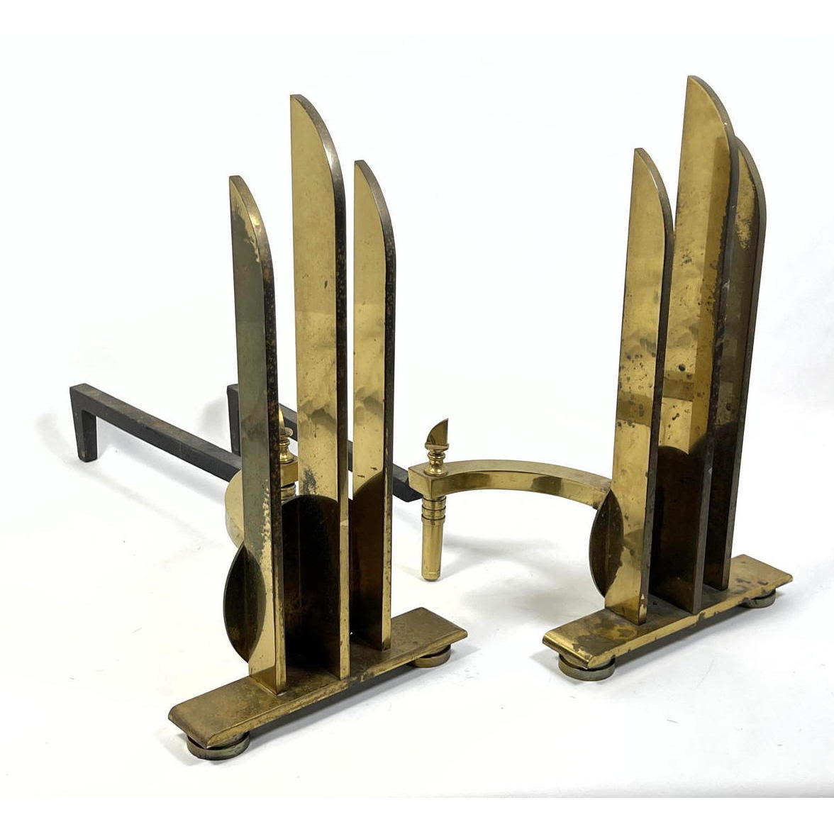 Appraisal: Pr Art Deco style Arched Top Blade Andirons Dimensions H