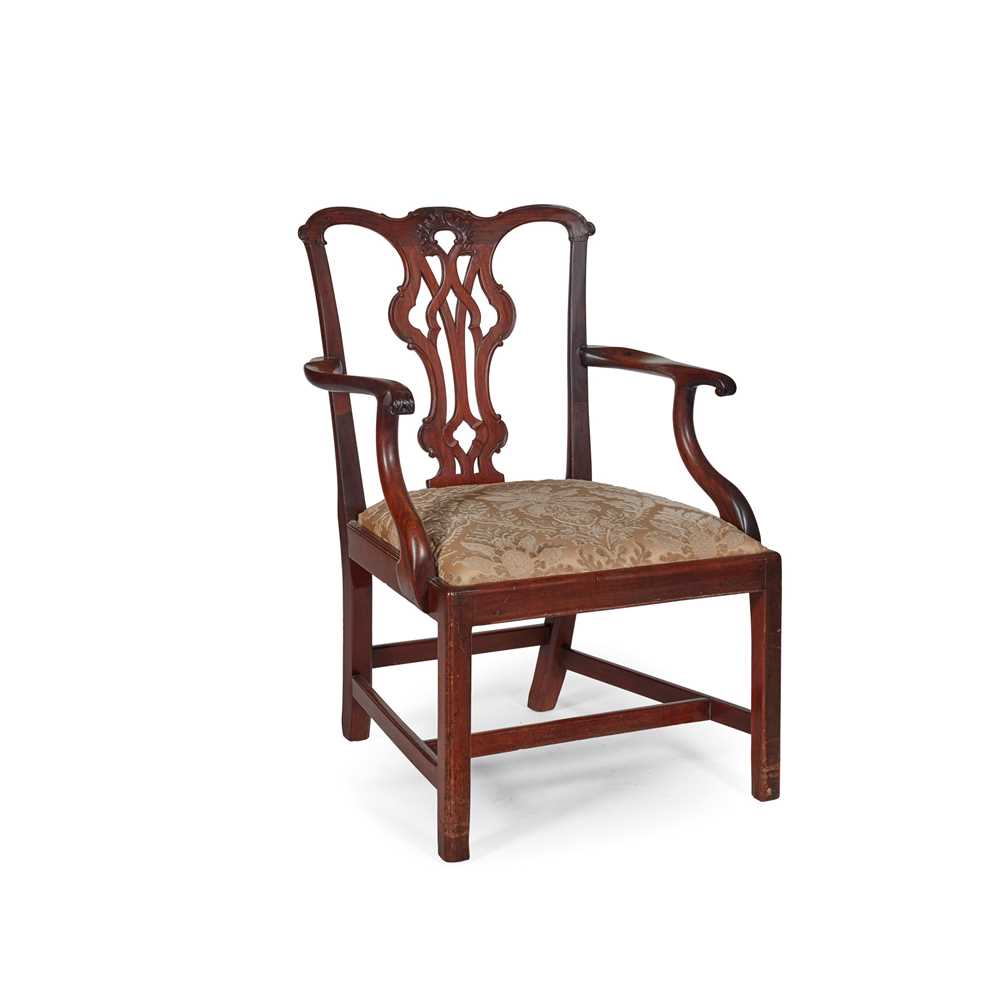 Appraisal: GEORGE III MAHOGANY OPEN ARMCHAIR IN THE CHIPPENDALE MANNER MID