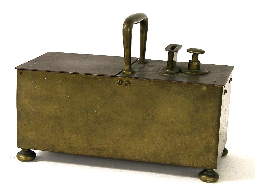 Appraisal: th century brass rectangular penny-in-the-slot tobacco box with carrying handle