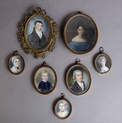 Appraisal: GROUP OF SEVEN PORTRAIT MINIATURES Watercolors on ivory comprising a