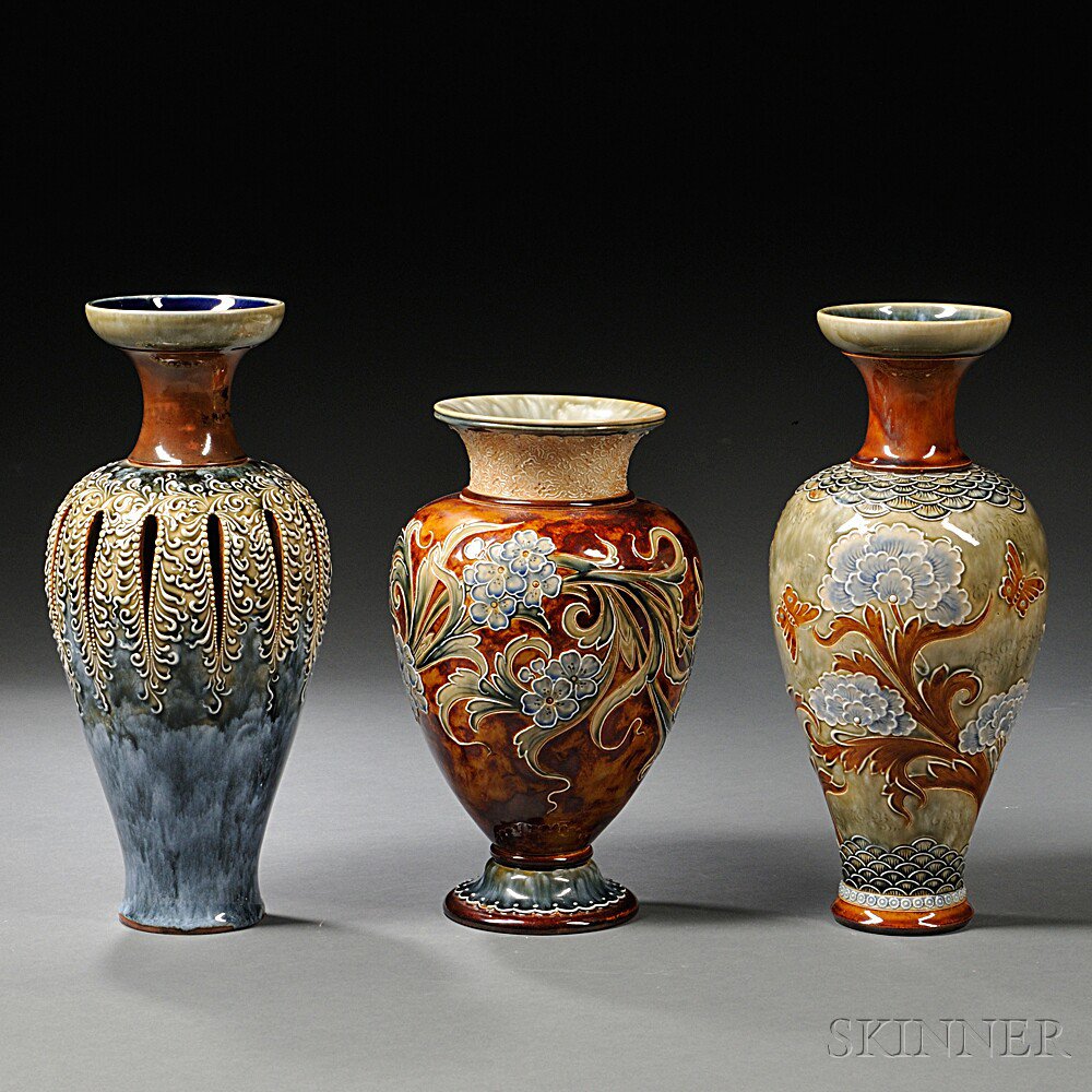 Appraisal: Three Doulton Lambeth Eliza Simmance Decorated Stoneware Vases England late