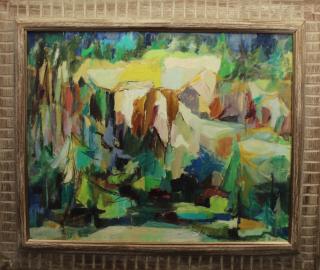 Appraisal: Yolanda Fusco - Abstract oil on canvas painting Signed lower