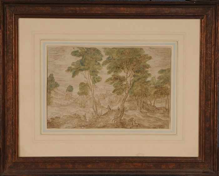 Appraisal: FLEMISH SCHOOL COUNTRY LANDSCAPE WITH FIGURES AND DISTANT VILLAGE Brown