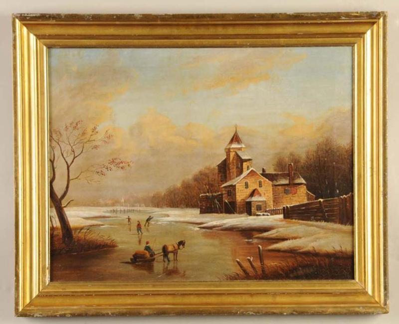 Appraisal: Continental Oil on Canvas Winter Landscape Description th Century Depicting