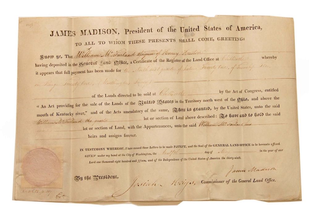 Appraisal: James Madison Land Grant Josiah Meigs Commissioner James Madison Land