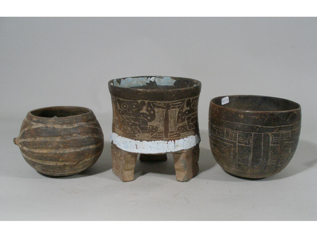 Appraisal: Three Pre-Columbian Style Pots the first footed with three legs