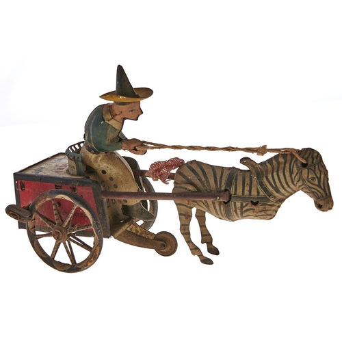 Appraisal: A Lehmann mechanical zebra cart tinplate toy Zikra c cm