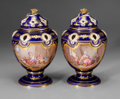 Appraisal: Pair Sevres lidded potpourris pierced lids and shoulders elaborate matte