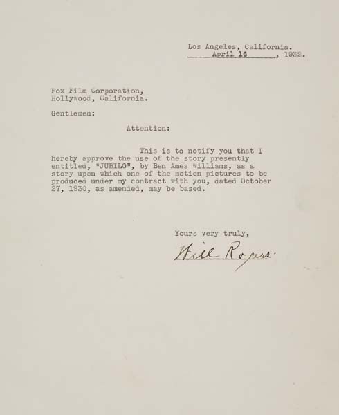 Appraisal: WILL ROGERS Group of typed letters signed by Rogers approving