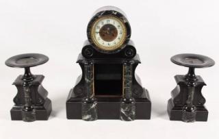 Appraisal: FRENCH VERDE MARBLE AND BLACK ONXY PIECE CLOCK SET WITH