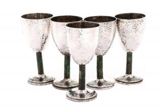 Appraisal: Set of Inlaid Silver Plate Los Castillo Goblets Los Castillo