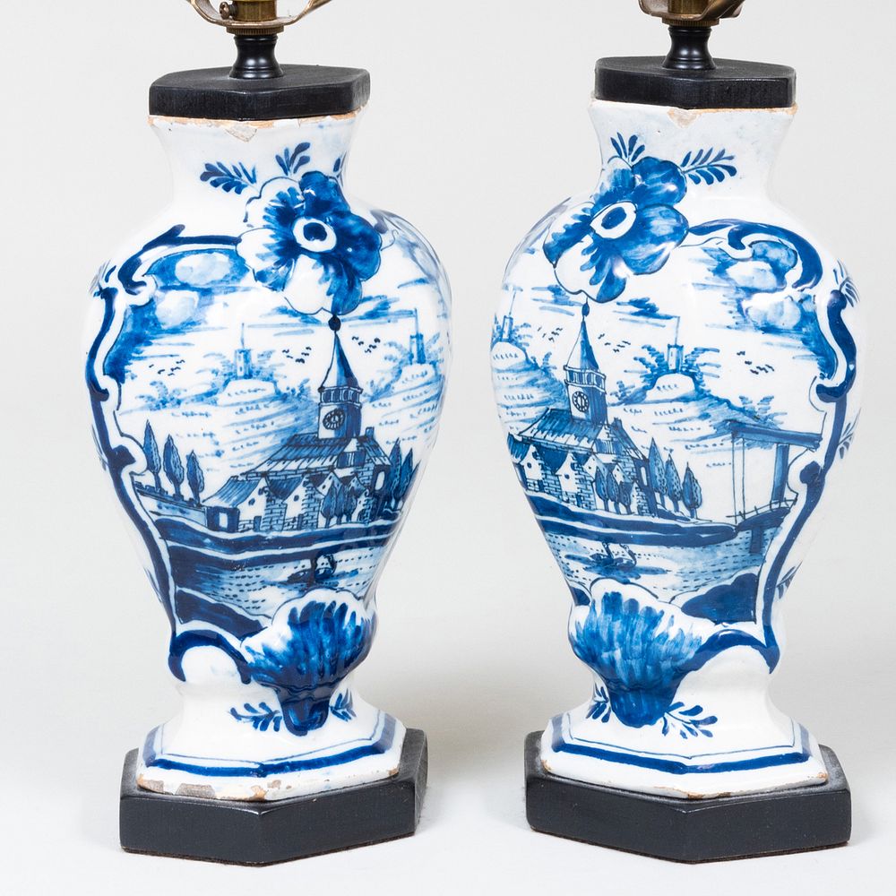 Appraisal: Pair of Dutch Blue and White Delft Vases Mounted as