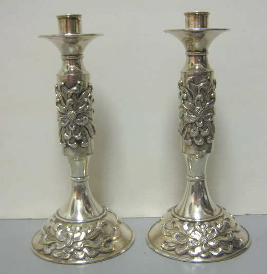 Appraisal: A PAIR OF CHINESE SILVER CANDLESTICKS C Each with high