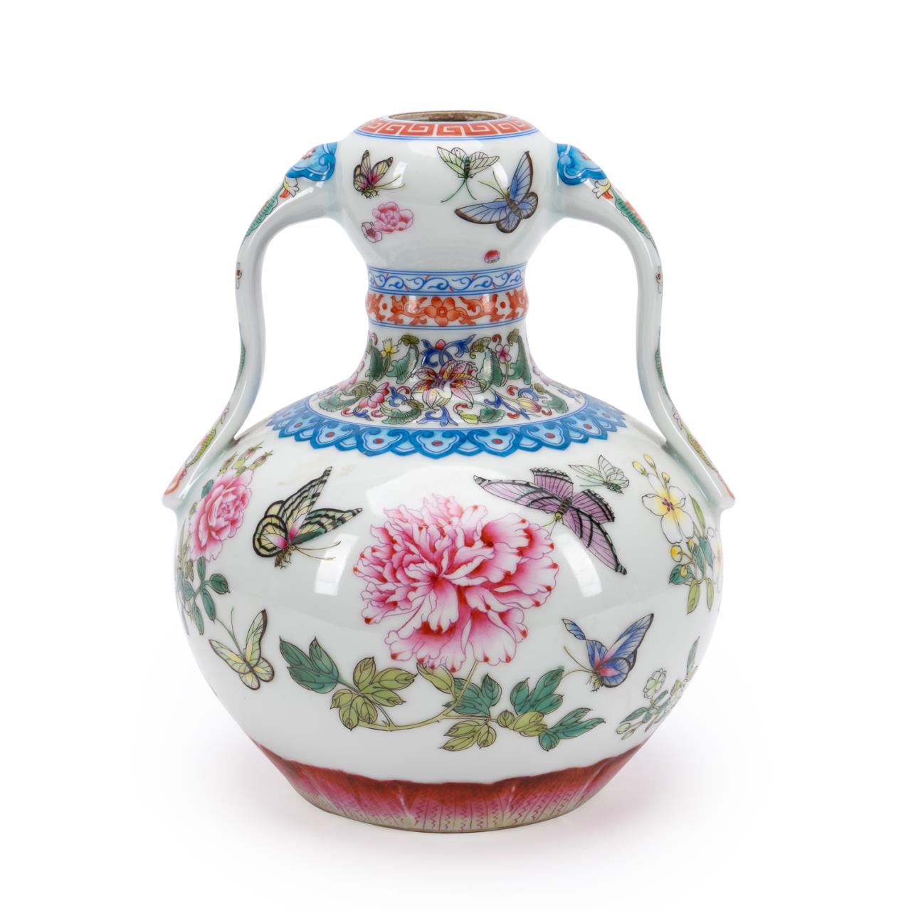 Appraisal: CHINESE DOUBLE HANDLED GARLIC HEAD VASE Chinese Famille Rose enameled