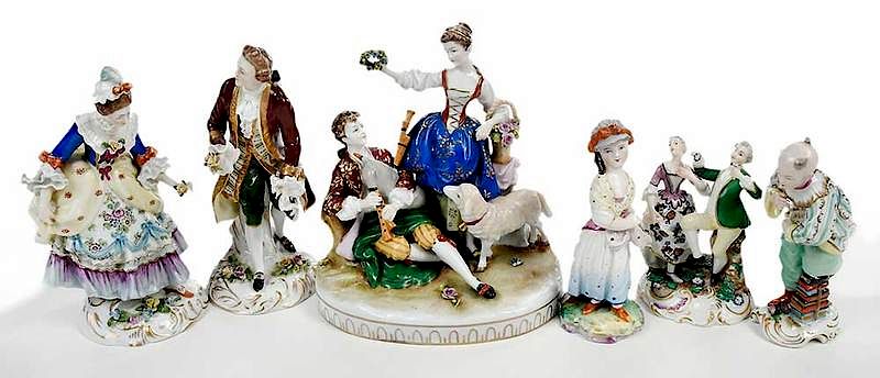 Appraisal: Six Gilt and Paint Decorated Porcelain Figurines Continental th th