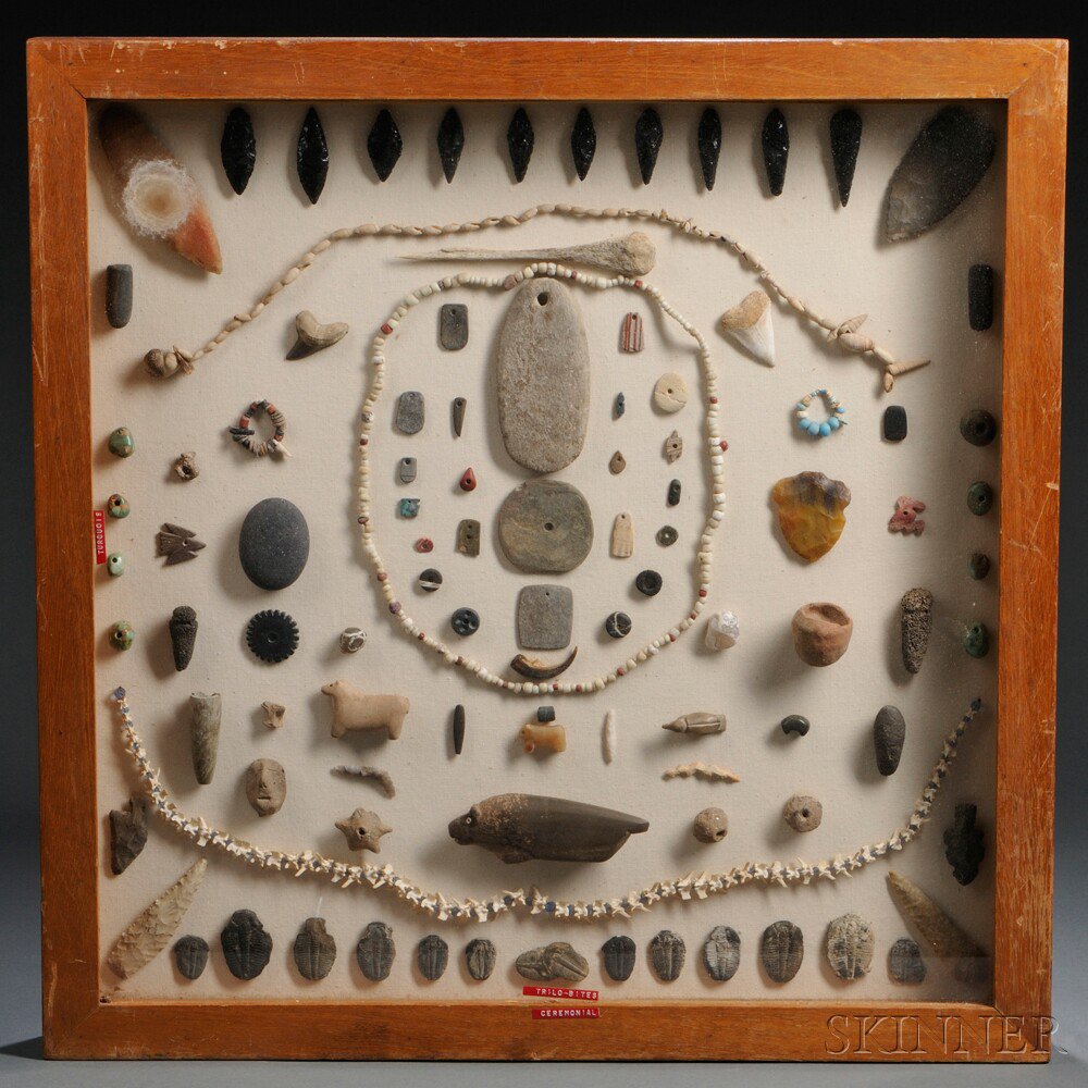 Appraisal: Large Framed Group of Miscellaneous Stone Shell Bone and Beaded