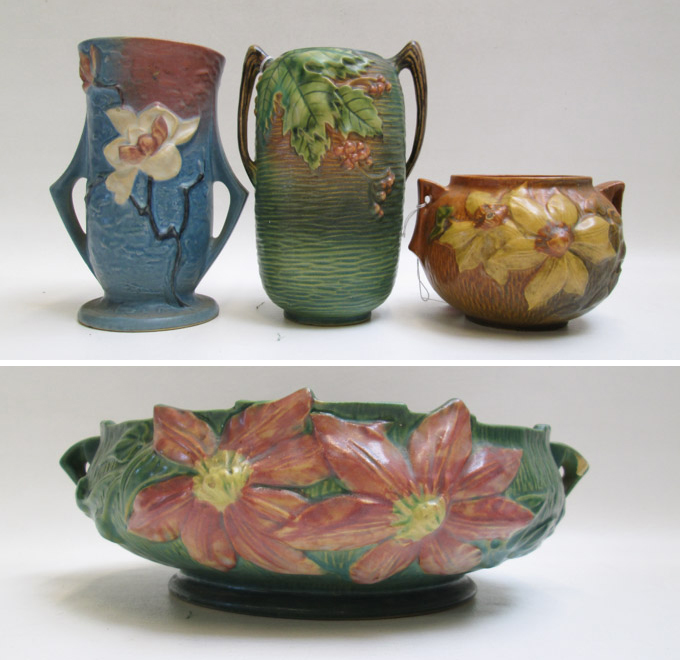 Appraisal: FOUR ROSEVILLE ART POTTERY VESSELS vase - in the Bushberry