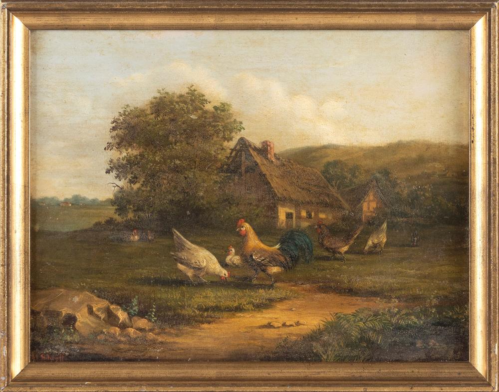 Appraisal: ENGLISH SCHOOL TH CENTURY FARMYARD SCENE OIL ON CANVAS BACKED