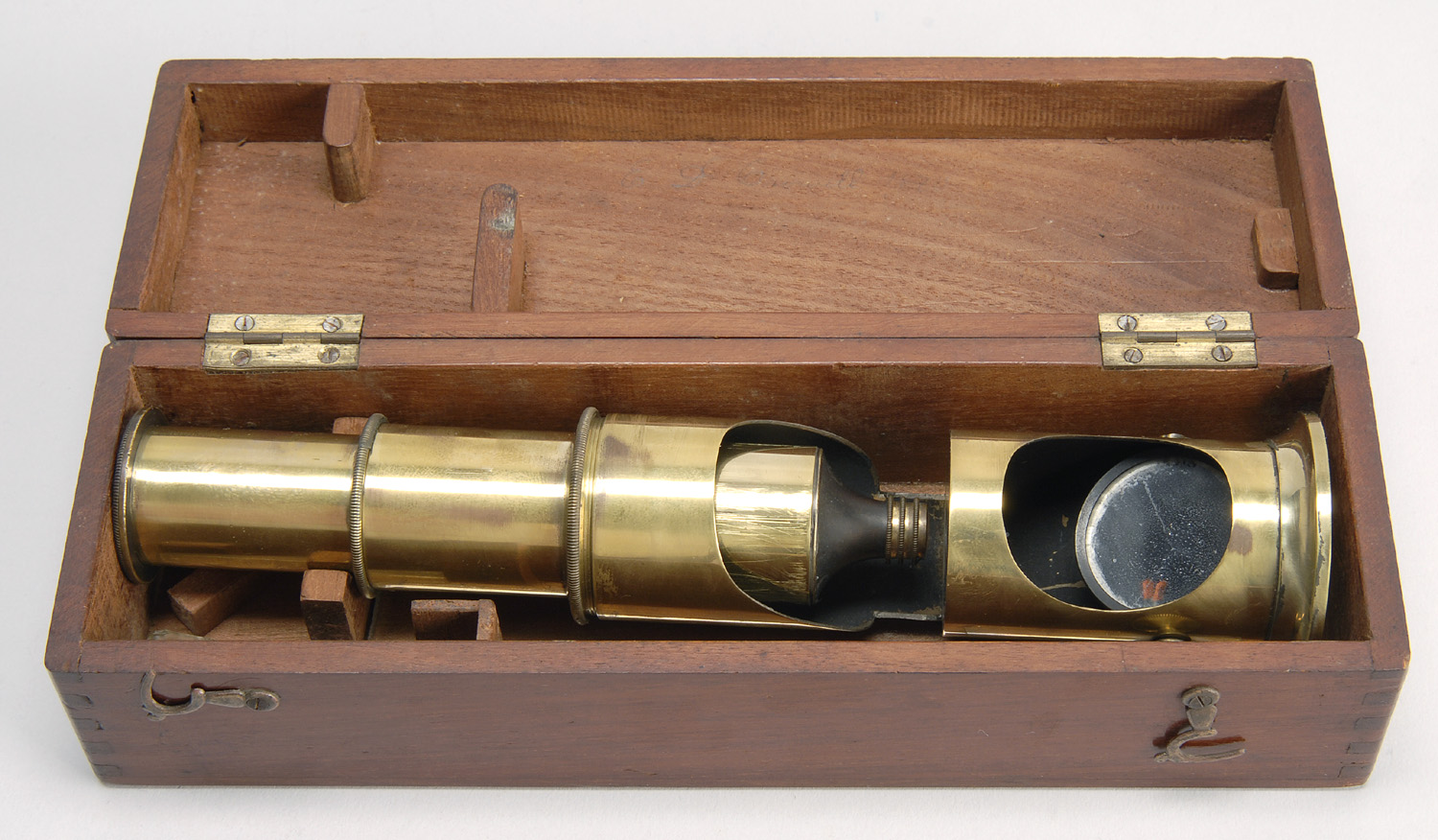 Appraisal: SMALL TH CENTURY CASED BRASS MICROSCOPE Height Walnut case ConditionSlight