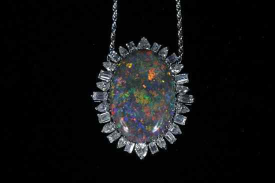 Appraisal: CUSTOM-MADE WHITE GOLD DIAMOND AND FINE BLACK OPAL OVAL PENDANT