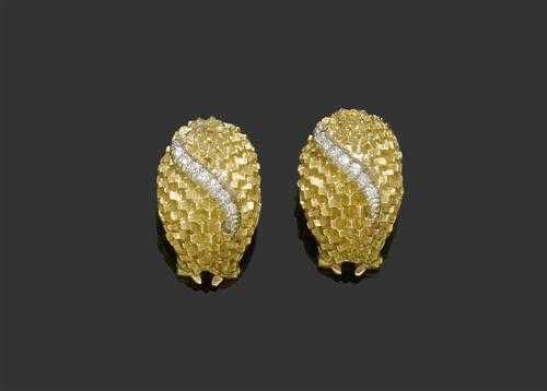 Appraisal: GOLD AND DIAMOND CLIP EARRINGS Yellow gold g Elegant half-creoles