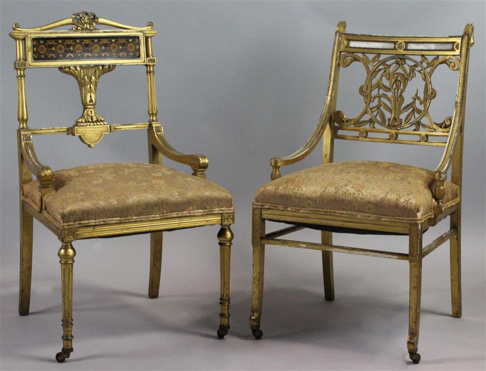 Appraisal: TWO AESTHETIC MOVEMENT GILT AND INSET SIDE CHAIRS ATTRIBUTED TO