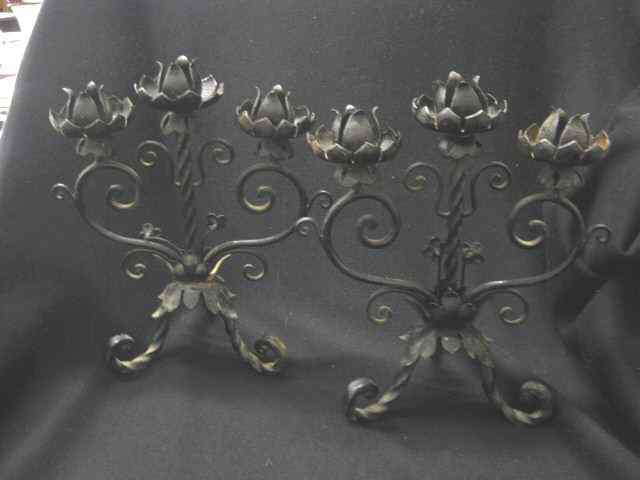 Appraisal: Pair of Wrought Iron Candleabra triple sconce tri-footed floral decor