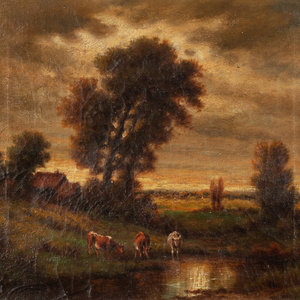 Appraisal: English School th Century Landscape with Stream and Cows oil