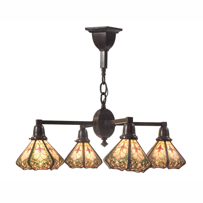 Appraisal: Arts Crafts hanging fixture four reverse-painted shades by Consolidated Glass