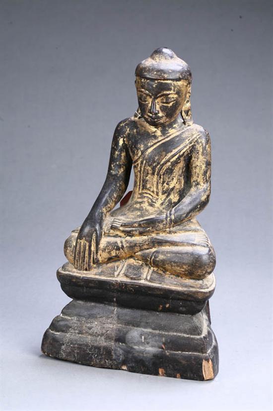 Appraisal: STATUE OF BUDDHA Asian th century hardwood Carved seated figure