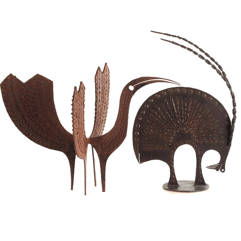 Appraisal: Two Modern Sheet Iron Abstract Sculptures Includes stylized abstract figures