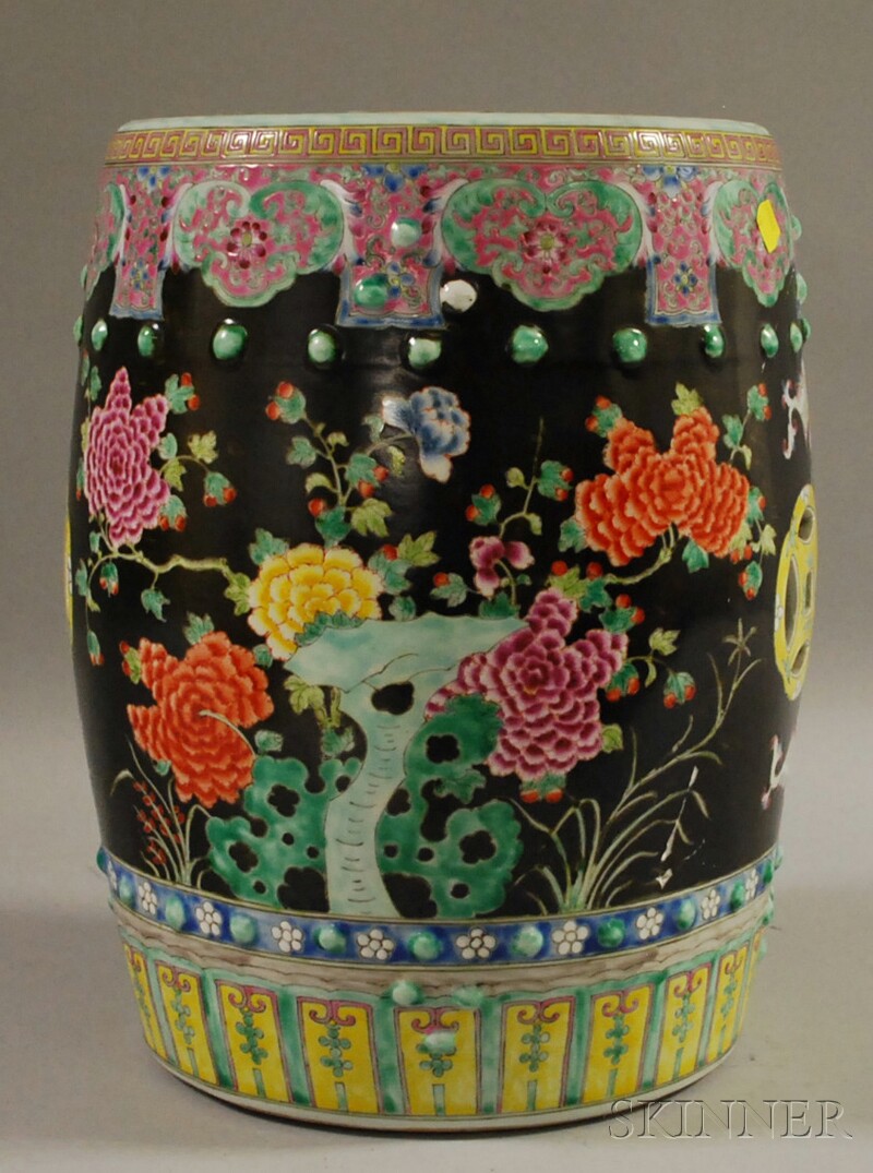 Appraisal: Chinese Export Famille Noir Pierced Porcelain Barrel-form Garden Seat cracked