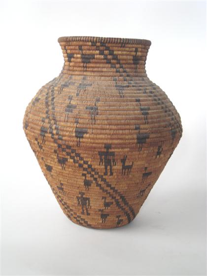 Appraisal: Apache Olla coiled basket circa Decorated with human and animal