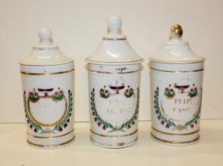 Appraisal: Grouping of French porcelain apothecary jars Grouping of French porcelain