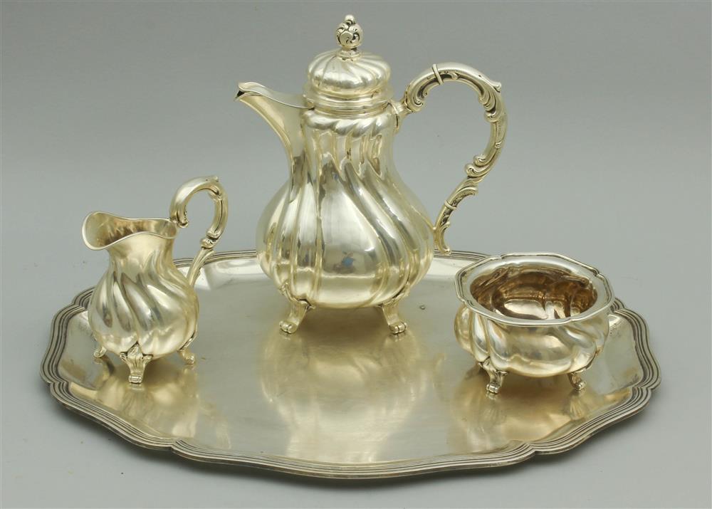 Appraisal: GERMAN ROCOCO STYLE SILVER ASSEMBLED THREE-PIECE COFFEE SERVICE WITH TRAY