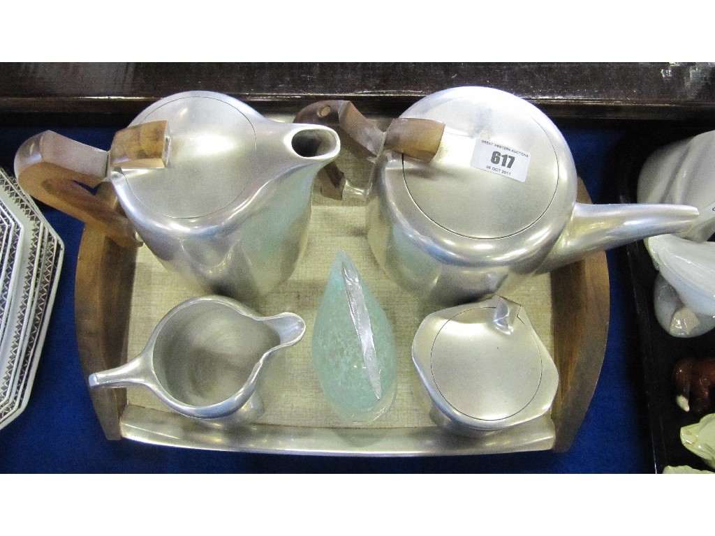 Appraisal: Picquotware teaset on tray and a glass fish