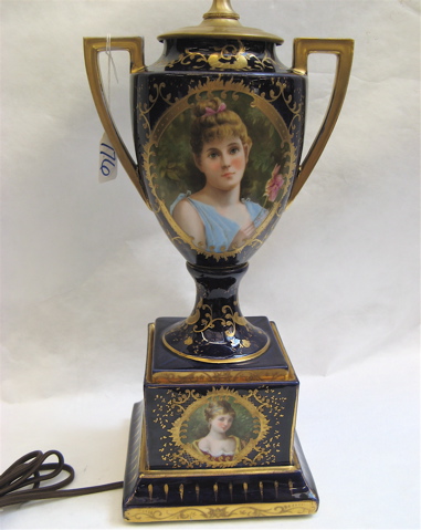 Appraisal: HAND PAINTED COBALT BLUE PORCELAIN TABLE LAMP cartouches with portraits