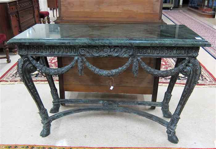 Appraisal: NEOCLASSICAL STYLE MARBLE-TOPPED BRONZE CONSOLE TABLE having a rectangular verde