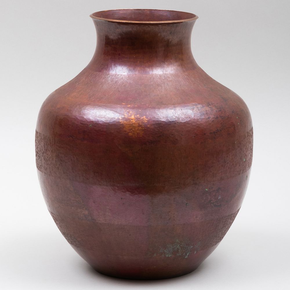 Appraisal: Abd n Punzo ngel Hammered Copper Vase Incised signature x