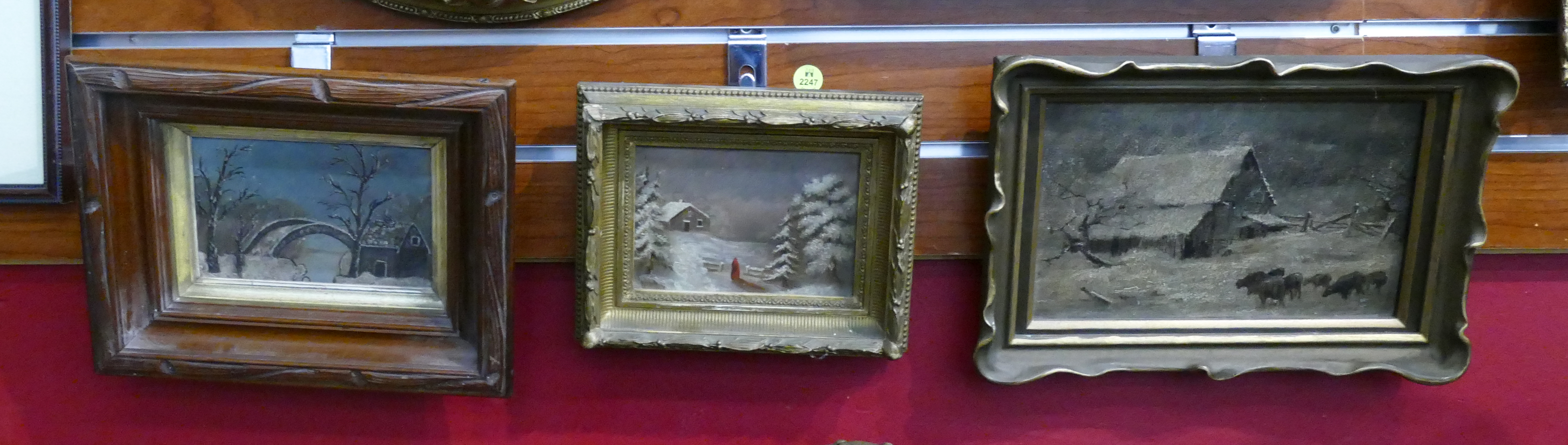 Appraisal: pc Antique Naive Small Winter Scene Oil Paintings- largest x