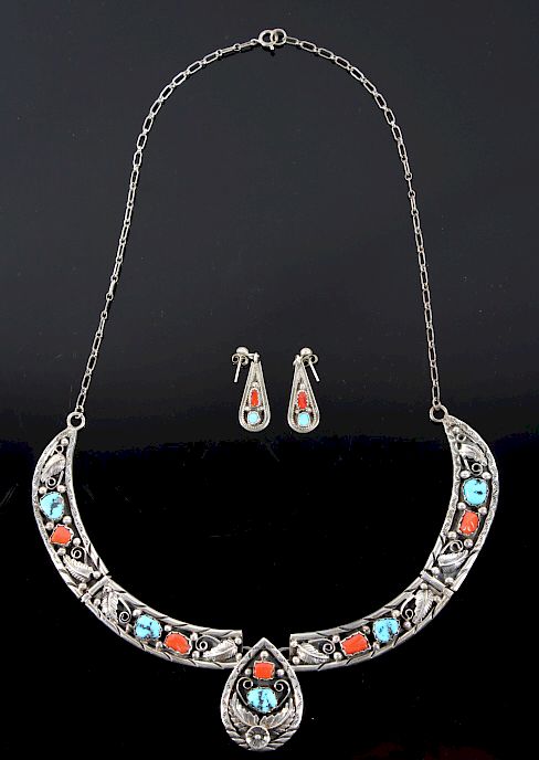 Appraisal: Silver Turquoise Coral Necklace and Earrings Featured in this lot