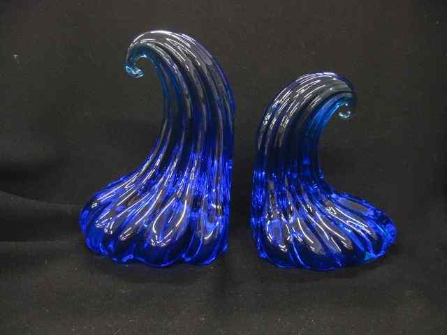 Appraisal: Pair of Art Glass Bookends rich sapphire blue wave design