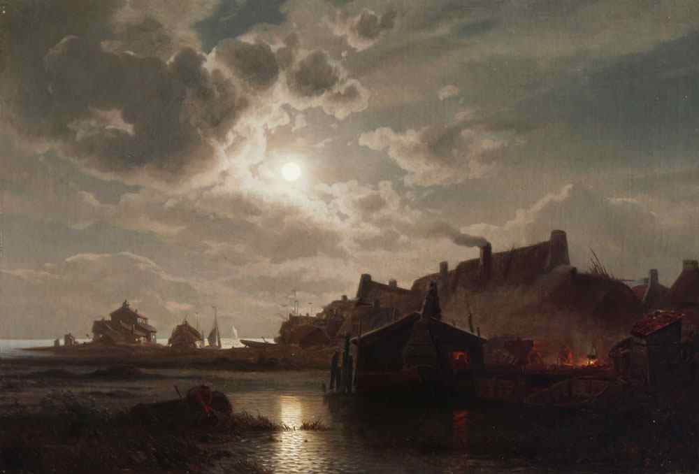 Appraisal: KREUTZER Felix German - Moonlit Nocturnal Shoreline Scene with Boats