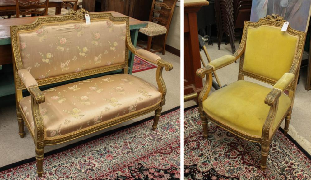 Appraisal: LOUIS XVI STYLE SETTEE AND ARMCHAIR SET late th early