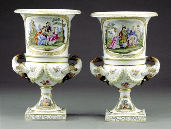 Appraisal: Pair Meissen-style porcelain urns Classical form with eagle handles and