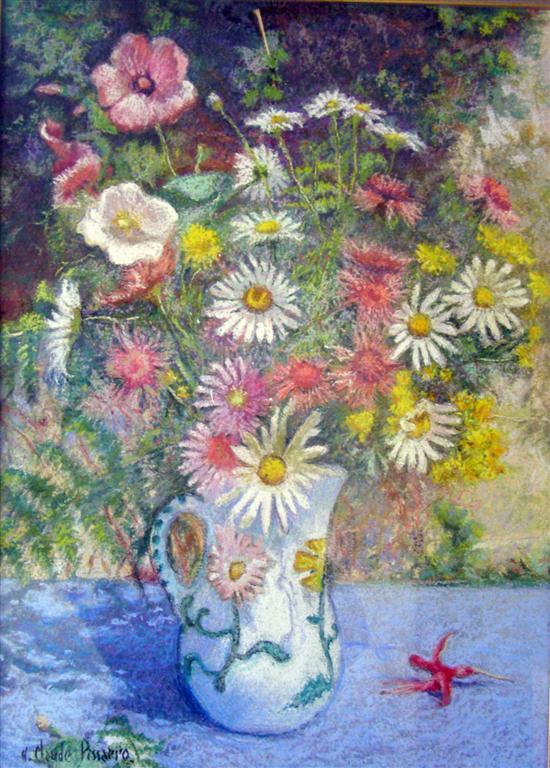 Appraisal: HClaude Pissarro still life vase of daisies poppies and summer