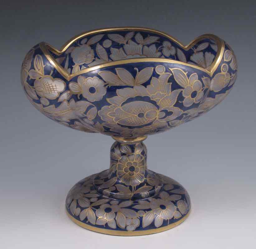 Appraisal: EARLY BOHEMIAN COBALT CUT TO SATIN ART GLASS COMPOTE The