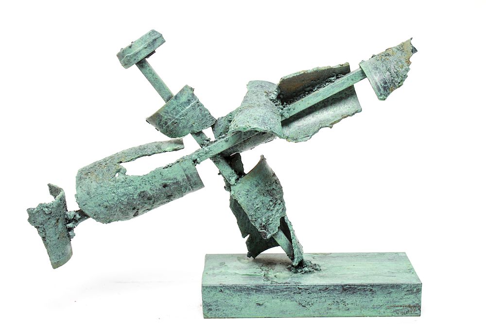 Appraisal: Abstract Brutalist Steel Sculpture Abstract Brutalist industrial green-patinated steel sculpture