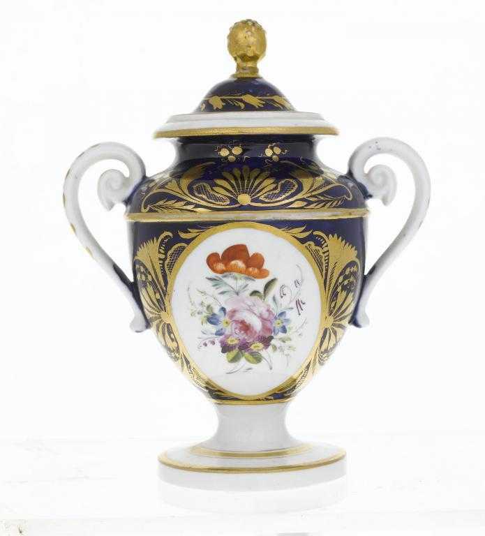 Appraisal: A DERBY TWO HANDLED VASE AND COVER of shield shape